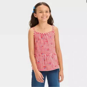 🐱2 / $15 NWT Girls Gingham Embroidered Floral American Peplum Tank Top Red White